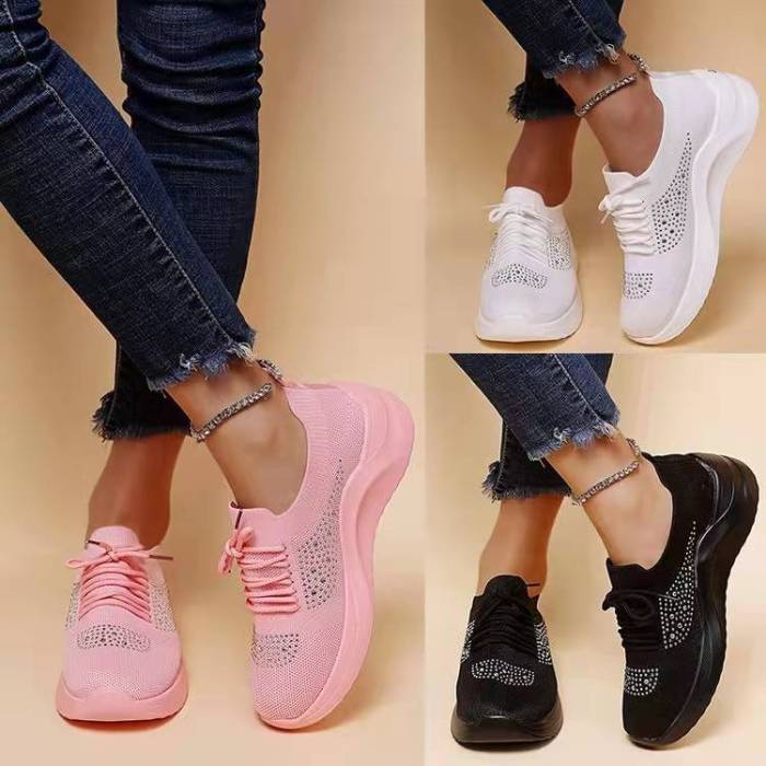 New mesh breathable flying woven shoes women's plus size rhinestone lace-up sneakers