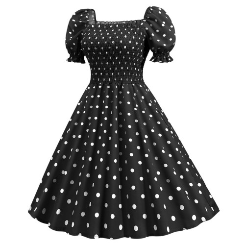 Elegant Polka Dot Bubble Short Sleeve Square Neck Elastic Waist Vintage Mini Party 1950 Vintage Dress