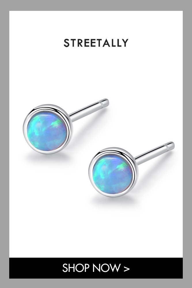 Simple Blue Round Opal Sterling Silver Earrings Classic Real Silver Opal Stud Earrings