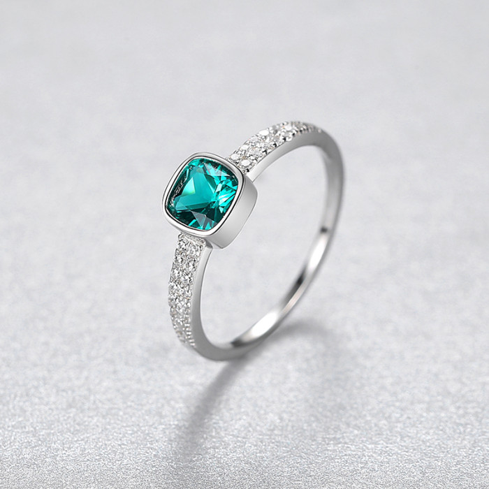 100% 925 Sterling Silver Ring Square Green Gemstone Premium Rings