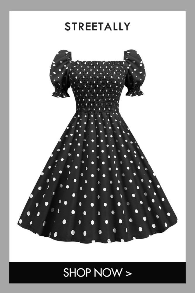 Elegant Polka Dot Bubble Short Sleeve Square Neck Elastic Waist Vintage Mini Party 1950 Vintage Dress