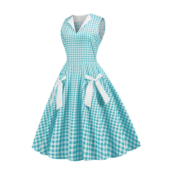 Casual Elegant Dress Plaid Print Sleeveless Bow Party Vintage Sundress 1950 Vintage Dress