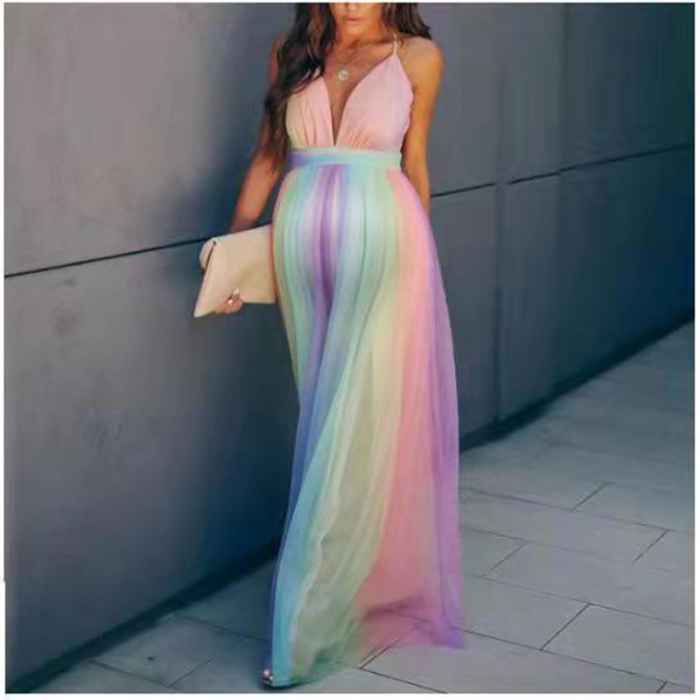 Deep V Maternity Mesh Panel Open Back Beach Dress Sleeveless Trailing Maternity Photography Dress