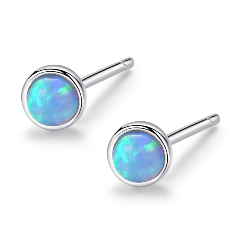 Simple Blue Round Opal Sterling Silver Earrings Classic Real Silver Opal Stud Earrings