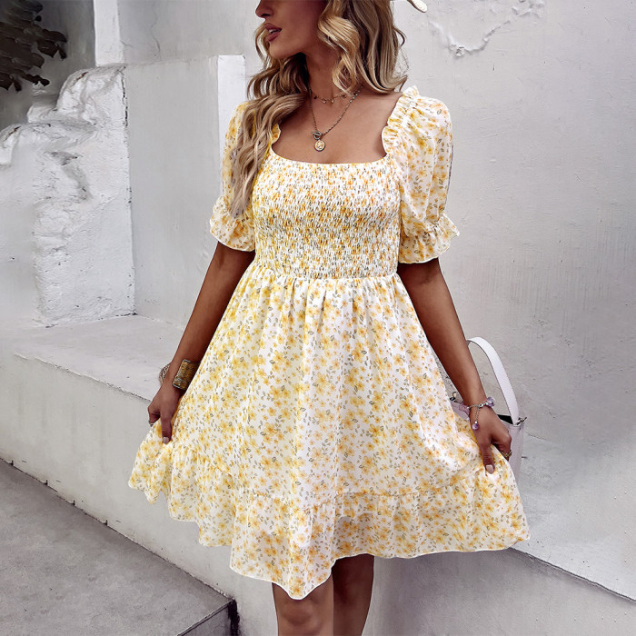 New chiffon print one-shoulder dress summer floral dress pastoral style Casual Dresses