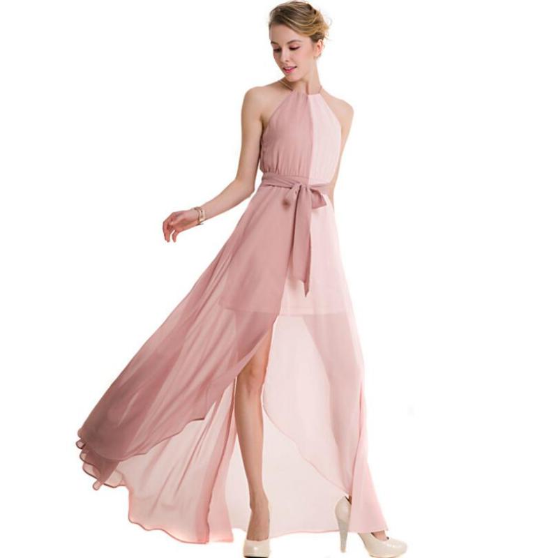 Colorblock Chiffon Long Dress Fashion Halter Neck Slim Fit Elegant Lace-Up Sleeveless Dress Prom Dress