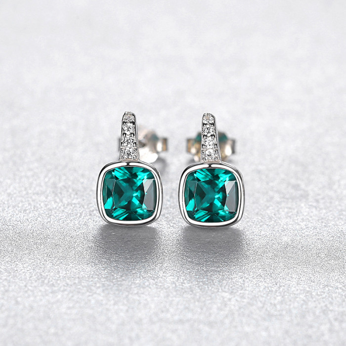 Square Emerald Topaz Stud Earrings in Sterling Silver Simple Gem Fashion Earrings