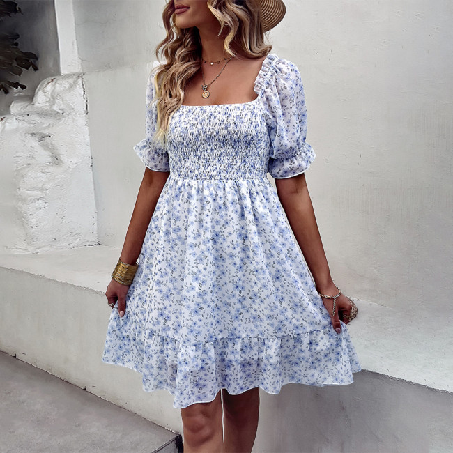 New chiffon print one-shoulder dress summer floral dress pastoral style Casual Dresses