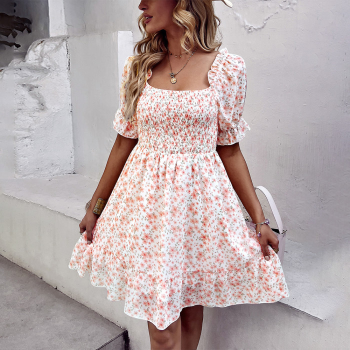New chiffon print one-shoulder dress summer floral dress pastoral style Casual Dresses