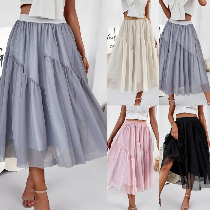 Solid Color New All-match Skirt Summer New Product Waist Slimming Mesh Skirt
