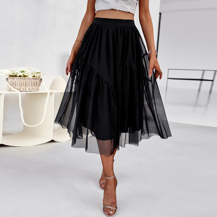 Solid Color New All-match Skirt Summer New Product Waist Slimming Mesh Skirt