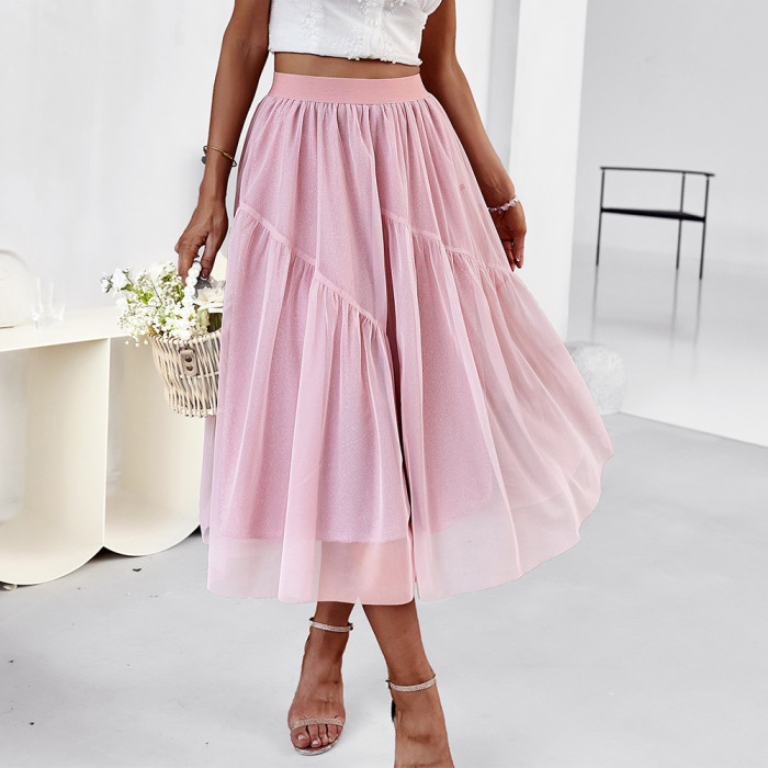 Solid Color New All-match Skirt Summer New Product Waist Slimming Mesh Skirt