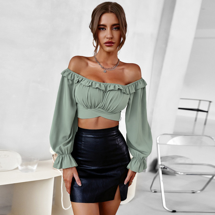 New Women's Small Shirts New One-shoulder Ruffled Long-sleeved Tops Casual Sexy Blouses & Shirts