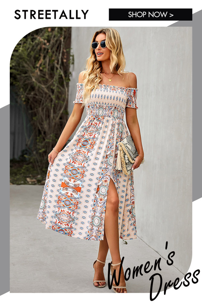 Summer New One-shoulder Printed Dress Bohemian Slit Elegant Casual  Vacation Dresses