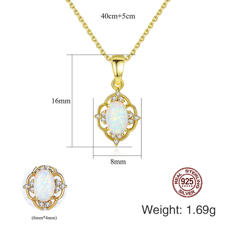 Genuine 925 Silver Vintage Hollow Opal Pendant Necklace Elegant Gemstone Necklace