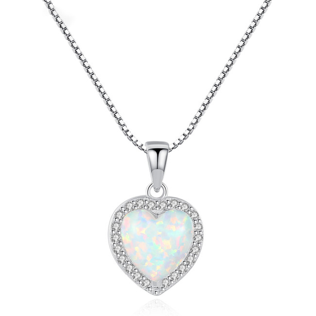 100% Sterling Silver Heart Opal Pendant Necklace Jewelry Gift Necklace