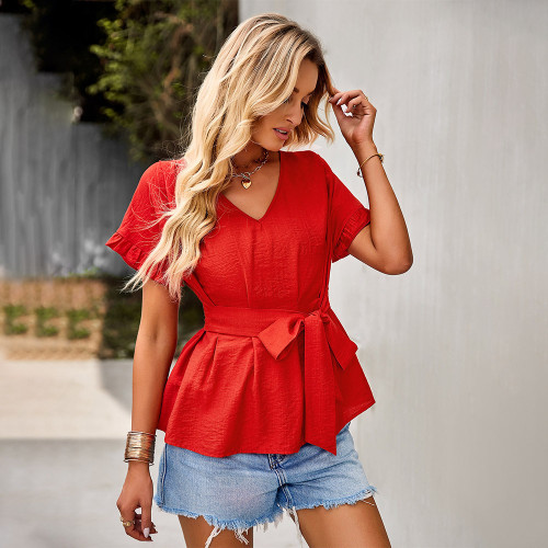 Solid Color Waist Slim Top Women's Summer Temperament Elegant Blouses & Shirts