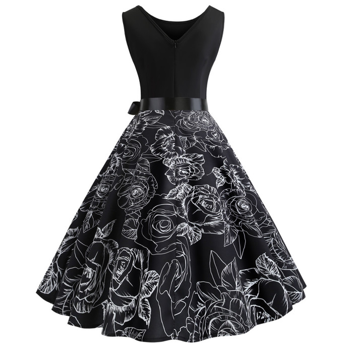 Ladies Vintage Black Dress Sleeveless O Neck Evening Print Party Elegant 1950 Vintage Dresses