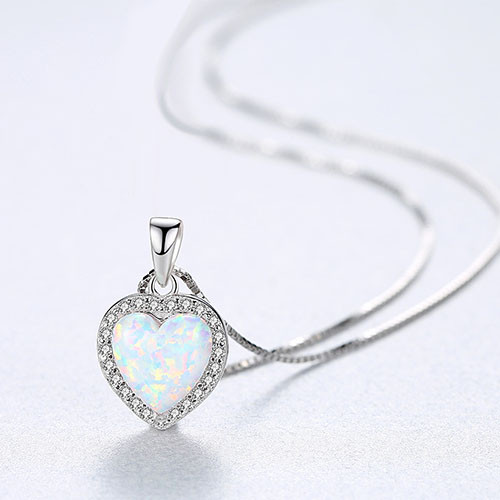 100% Sterling Silver Heart Opal Pendant Necklace Jewelry Gift Necklace