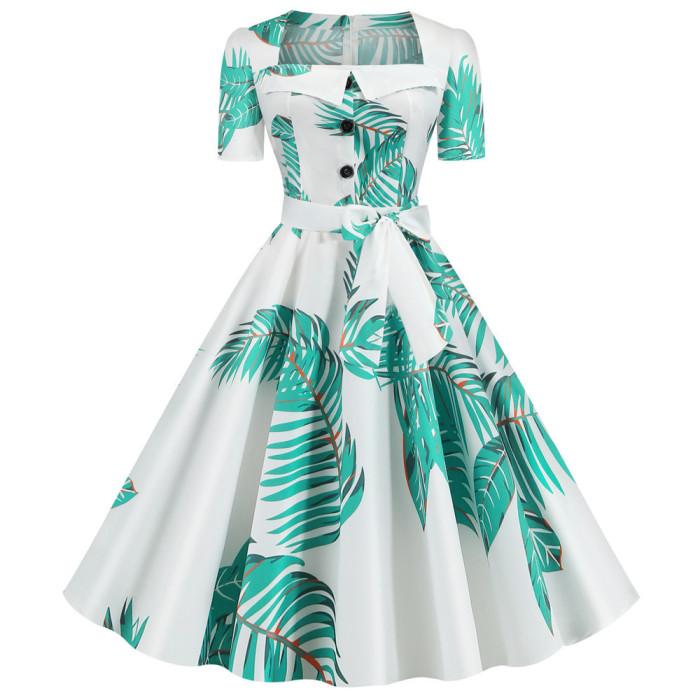 Floral Print Summer Dress 50's Dress Elegant Square Neck Women's 1950 Vintage Dresses