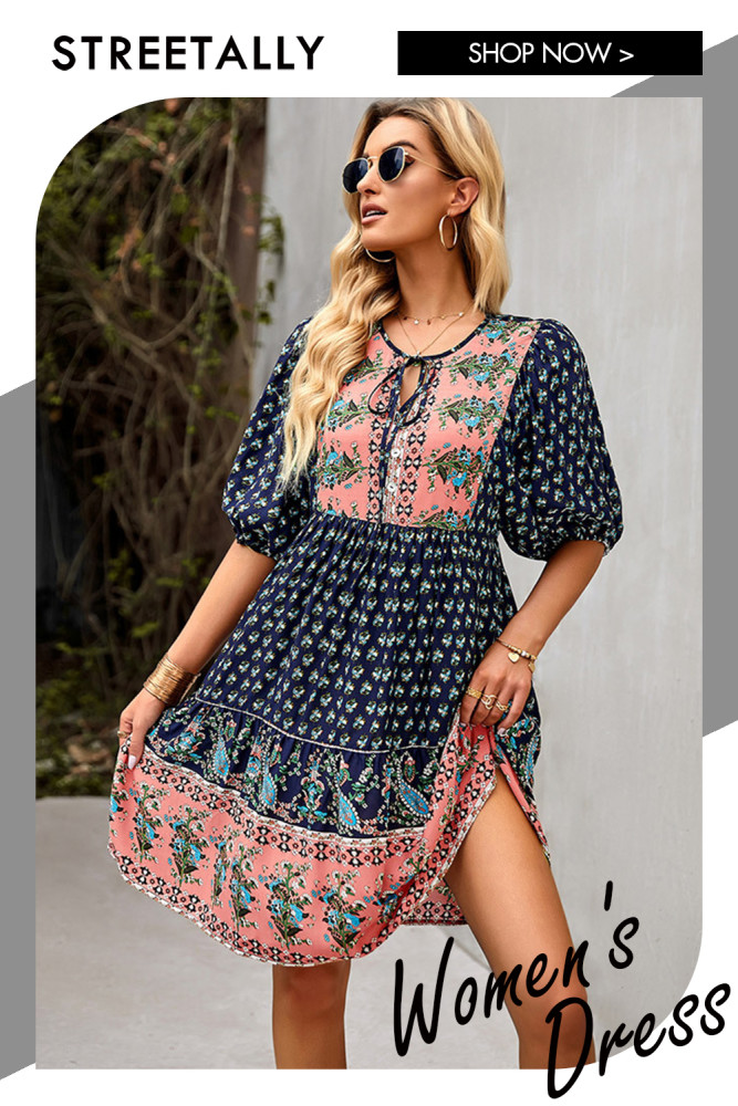Bohemian Print Resort Dress Mid Skirt Summer 5 Minute Sleeve Casual Dresses