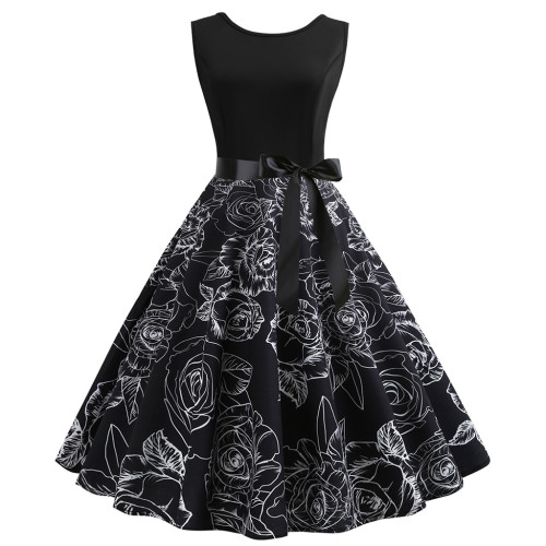 Ladies Vintage Black Dress Sleeveless O Neck Evening Print Party Elegant 1950 Vintage Dresses