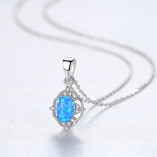 Genuine 925 Silver Vintage Hollow Opal Pendant Necklace Elegant Gemstone Necklace