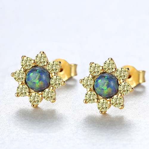 Elegant Sunflower Stud Earrings Shiny Opal in Sterling Silver Earrings