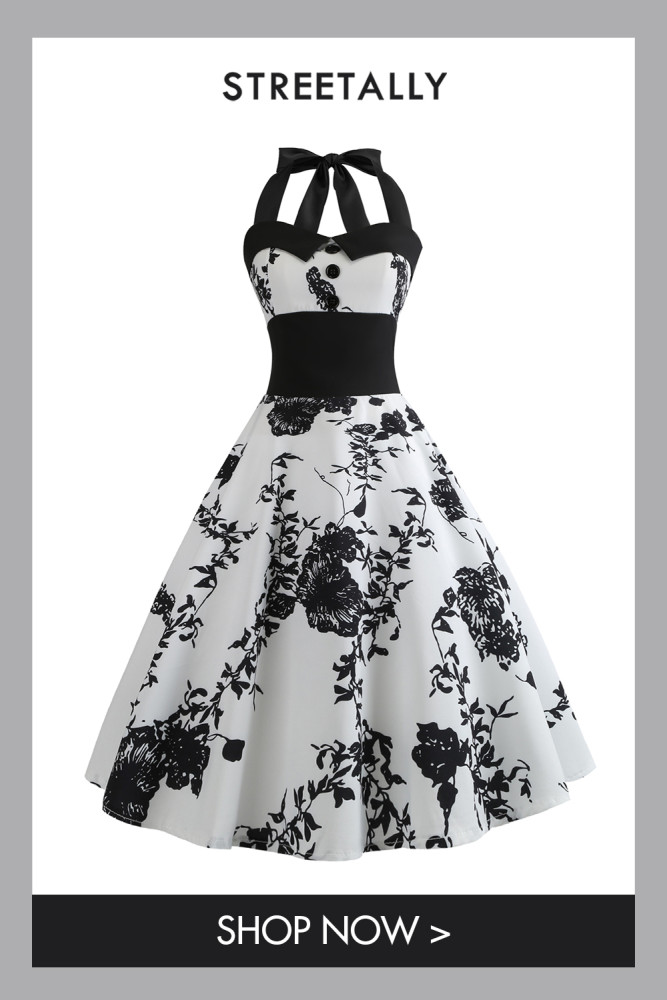Summer Dress Vintage Print Skinny Sleeveless Halter Elegant Prom 1950 Vintage Dresses