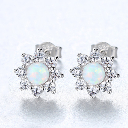 Elegant Sunflower Stud Earrings Shiny Opal in Sterling Silver Earrings