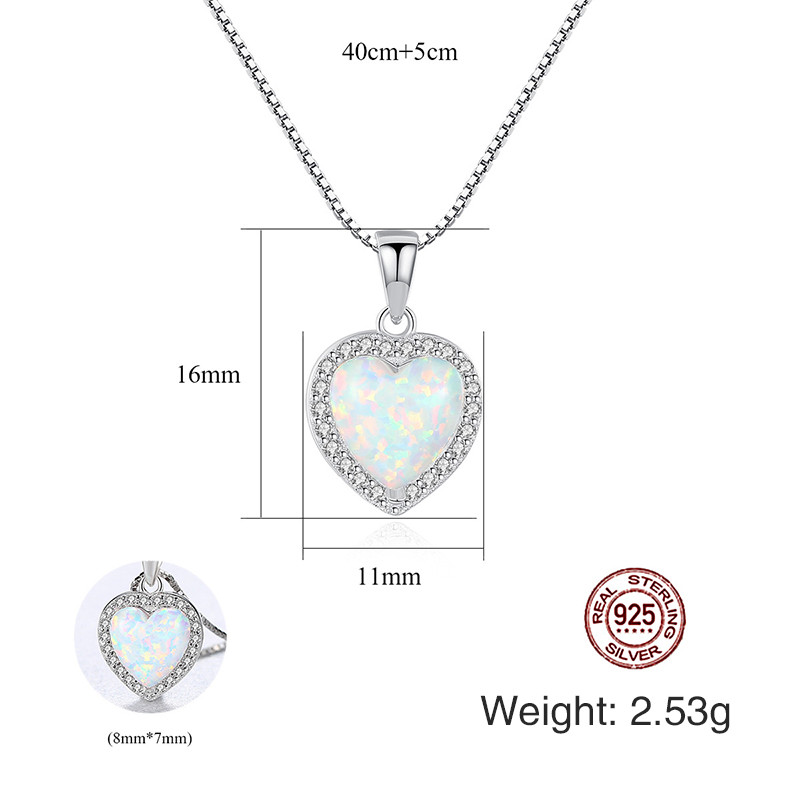 100% Sterling Silver Heart Opal Pendant Necklace Jewelry Gift Necklace