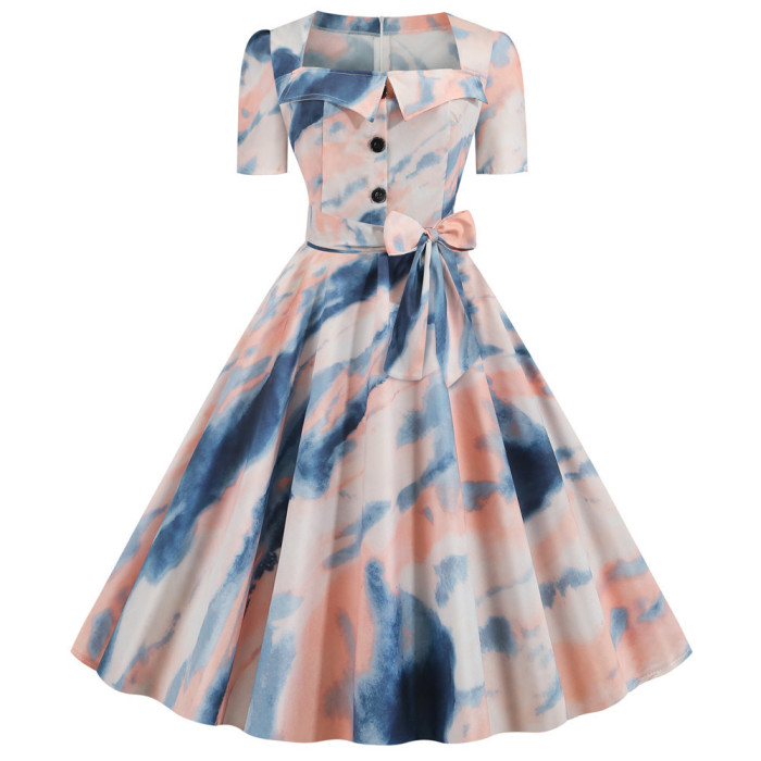 Floral Print Summer Dress 50's Dress Elegant Square Neck Women's 1950 Vintage Dresses