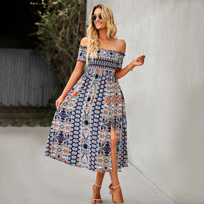 Summer New One-shoulder Printed Dress Bohemian Slit Elegant Casual  Vacation Dresses