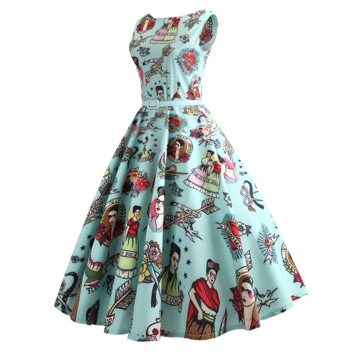 Floral Print Summer Dress 50's 60's Vintage Swing Dress A-Line Skirt Belt 1950 Vintage Dresses