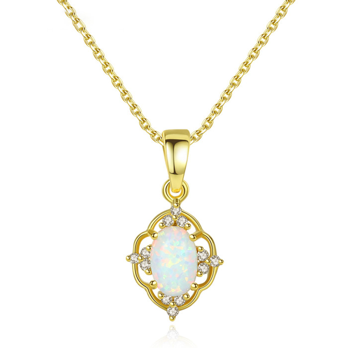 Genuine 925 Silver Vintage Hollow Opal Pendant Necklace Elegant Gemstone Necklace