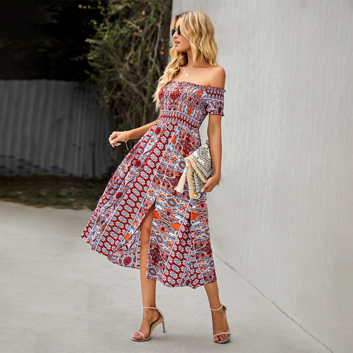 Summer New One-shoulder Printed Dress Bohemian Slit Elegant Casual  Vacation Dresses