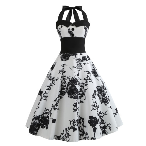Summer Dress Vintage Print Skinny Sleeveless Halter Elegant Prom 1950 Vintage Dresses