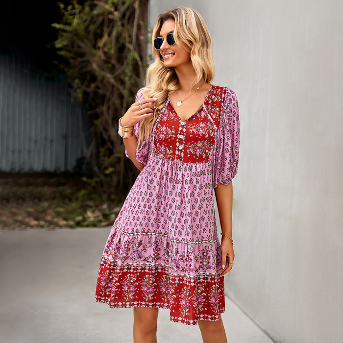 Bohemian Print Resort Dress Mid Skirt Summer 5 Minute Sleeve Casual Dresses