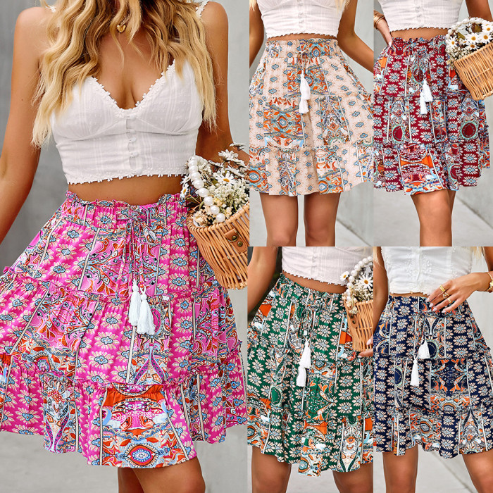 New Bohemian Holiday Skirt Summer Print Umbrella Skirt Temperament All-match Skirts