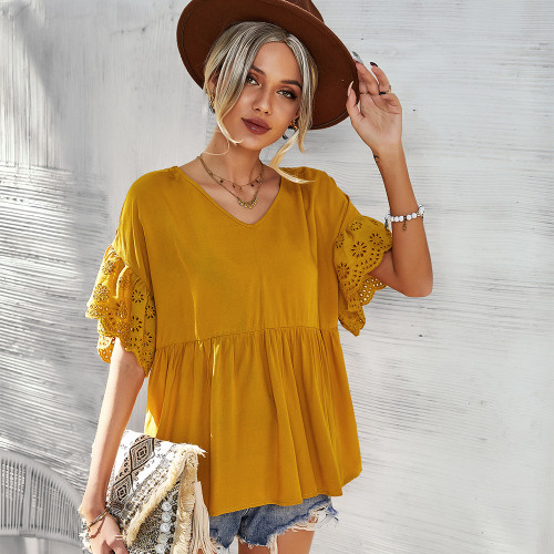 Loose Solid Color Hollow Lace Short-sleeved Tops New Leisure Vacation Series Small Shirts T-shirts