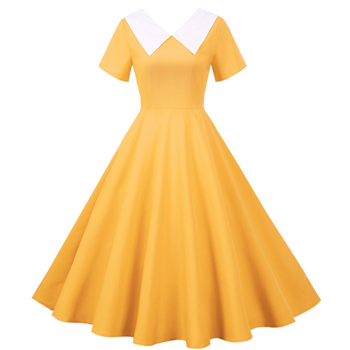 Solid Color V Neck Poster Girls Style Vintage Dress Party Elegant Flared Dress 1950 Vintage Dresses