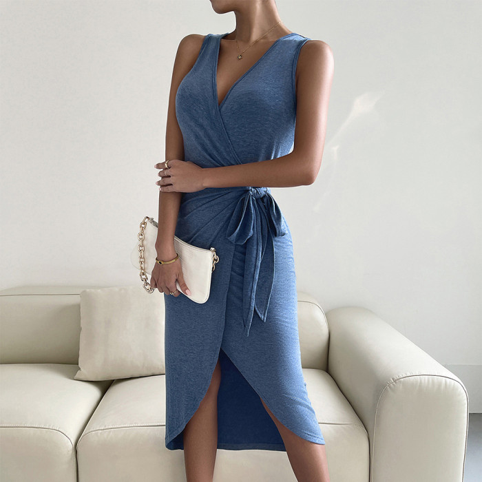 Solid Color Knitted Elegant Dress Summer Casual Elastic One-step Hip  Bodycon Dresses