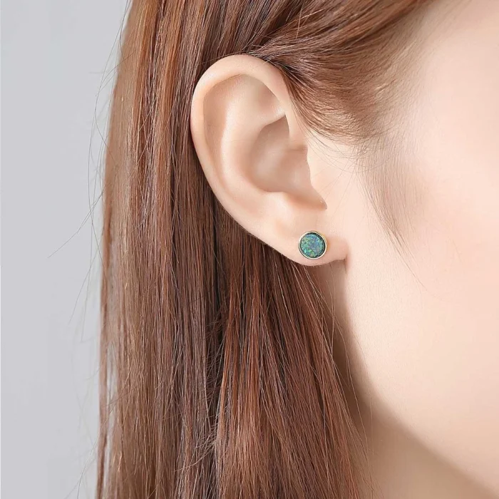 Brilliant Round Opal Jewelry Stud Earrings in Sterling Silver Tricolor 925 Earrings