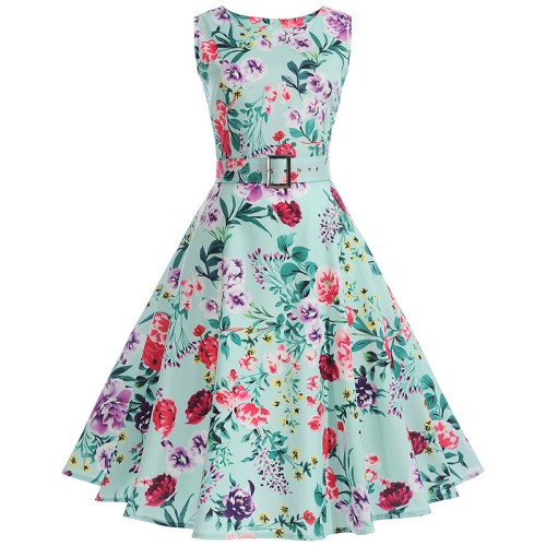 Vintage Dress Summer Floral Print Sleeveless Party Dress Elegant Dress with Belt 1950 Vintage Dresses