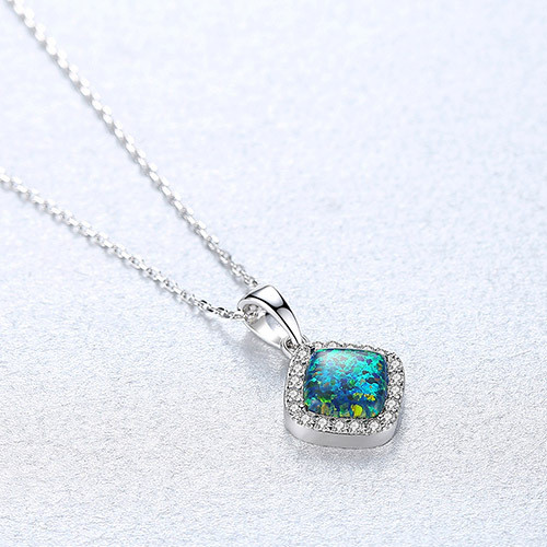 Sterling Silver Ladies Sterling Silver Necklace High Jewelry Chain Square Opal Pendant Necklace