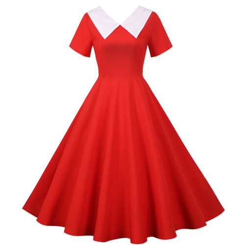 Solid Color V Neck Poster Girls Style Vintage Dress Party Elegant Flared Dress 1950 Vintage Dresses
