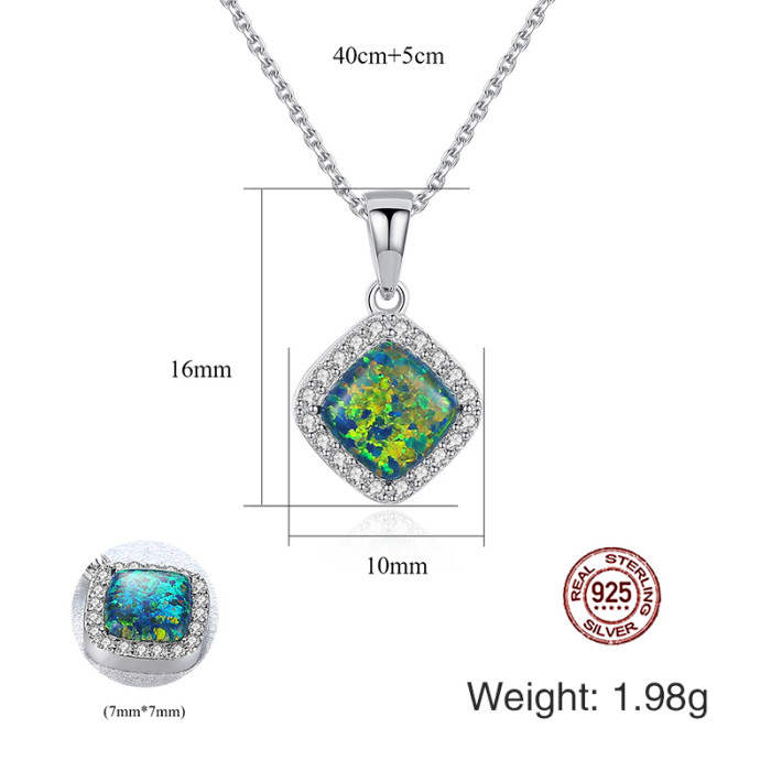 Sterling Silver Ladies Sterling Silver Necklace High Jewelry Chain Square Opal Pendant Necklace