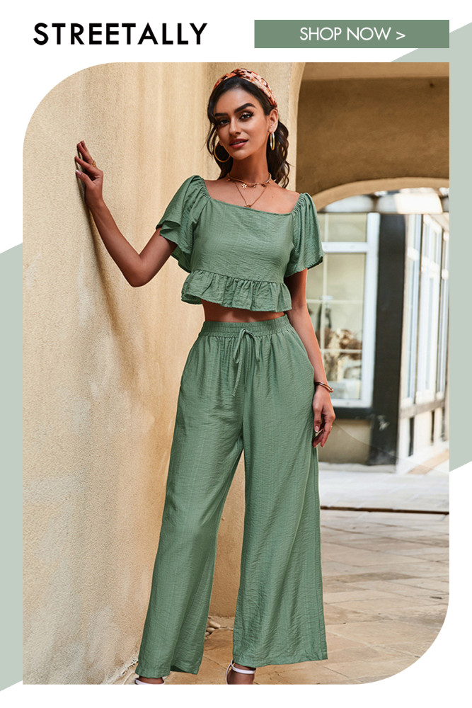 Fashion Casual Suit Wide Leg Pants Summer French Square Collar Loose Two-piece Outfits