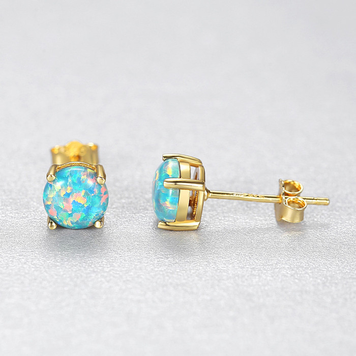 Small Round Lovely Opal Stud Earrings High Jewelry in Sterling Silver Earrings