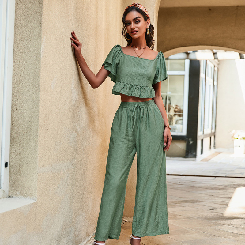 Fashion Casual Suit Wide Leg Pants Summer French Square Collar Loose Two-piece Outfits